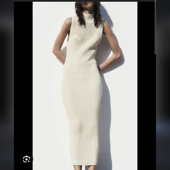 Zara Dresses & Skirts - Zara white ecru chenille stretchy high neck sweetheart neck midi dress